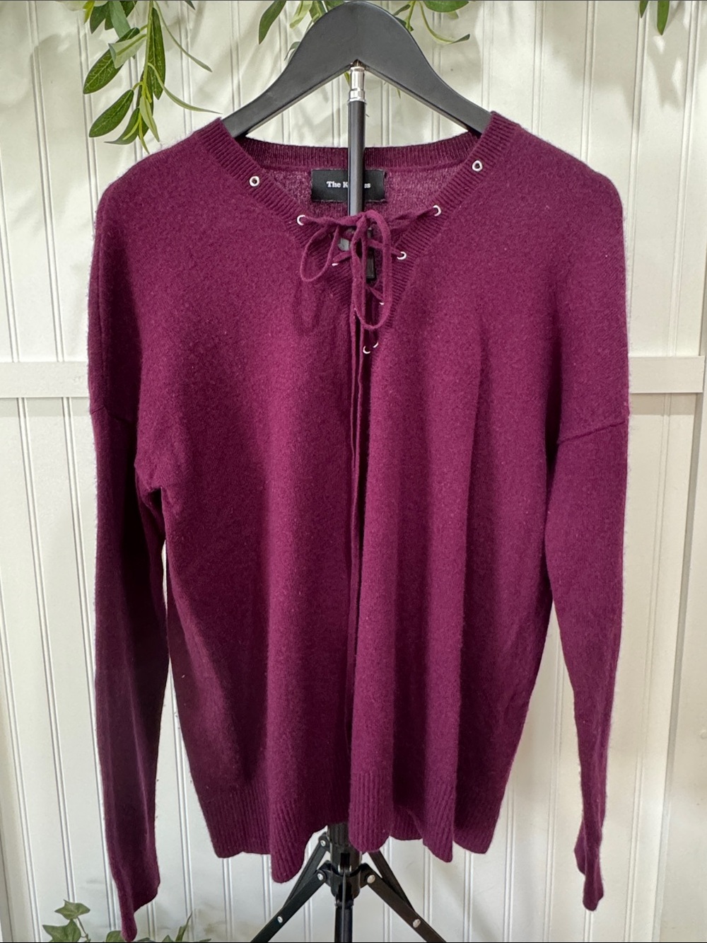 #596 THE KOOPLES Grommet Lace-Up V-Neck Sweater in Plum Burgundy